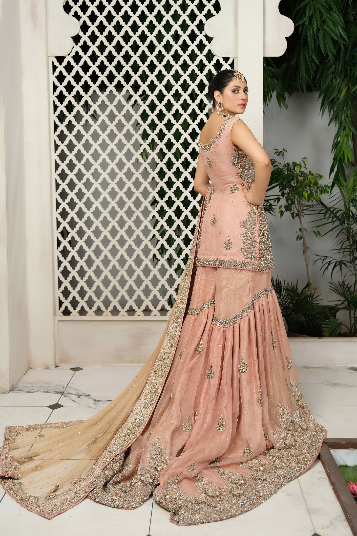 Peach Pakistani bridal dress with silver and gold embroidery on the fitted bodice and voluminous skirt. Sheer sleeves add elegance and femininity. Comes with a matching dupatta with similar embroidery, perfect for a traditional wedding