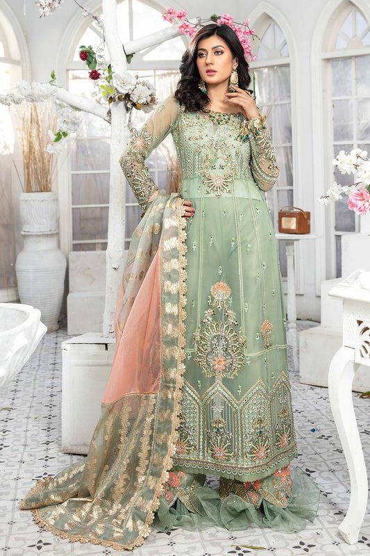 A mint green and peach Pakistani formal dress with intricate embroidery work in peach and green, paired with a peach-colored dupatta adorned with green embroidery. The dress is perfect for weddings and formal events, and the lightweight dupatta makes it comfortable to wear for extended periods.