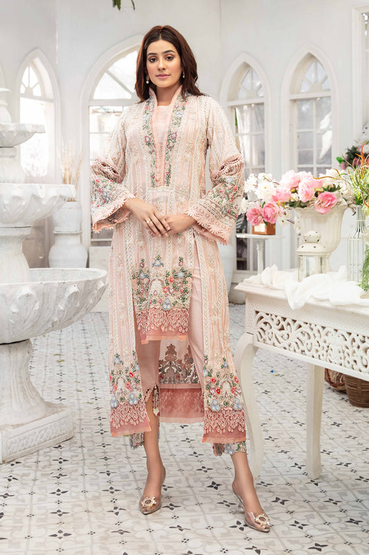 A light pink Pakistani formal dress with intricate green and red flower work embroidered on it. The dress is elegant and graceful, with flowing fabric and delicate details. The embroidery is done in a traditional style, creating a beautiful contrast against the soft pink background. The dress is perfect for formal events and special occasions.