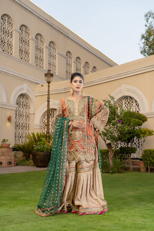 Gold threadwork, sequins, and beadwork in floral and paisley patterns dupatta draped over the head and shoulders Traditional Pakistani bridal attire Rich and vibrant color scheme Opulent and elegant bridal outfit.