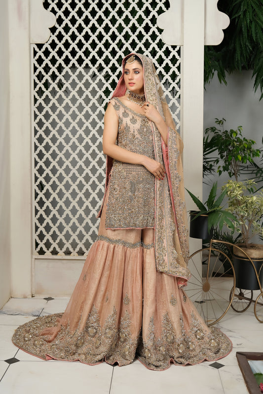 Peach Pakistani bridal dress with silver and gold embroidery on the fitted bodice and voluminous skirt. Sheer sleeves add elegance and femininity. Comes with a matching dupatta with similar embroidery, perfect for a traditional wedding